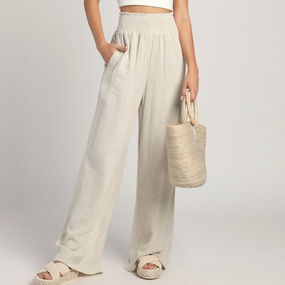 Lulus Hit The Breeze Beige Smocked Wide-leg Pants - Size Small